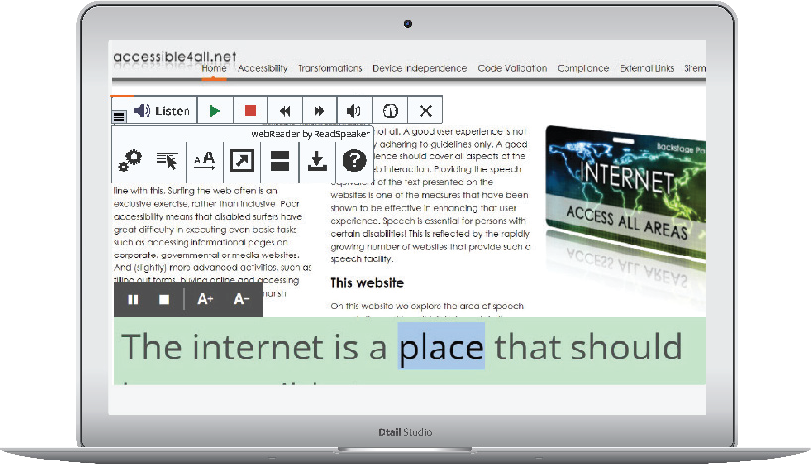 Laptop open with text to speech reading a web page.