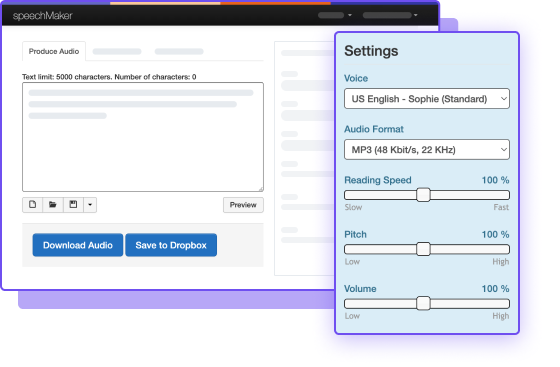 ReadSpeaker SpeechMaker tool illustration with settings and sliders to manage options