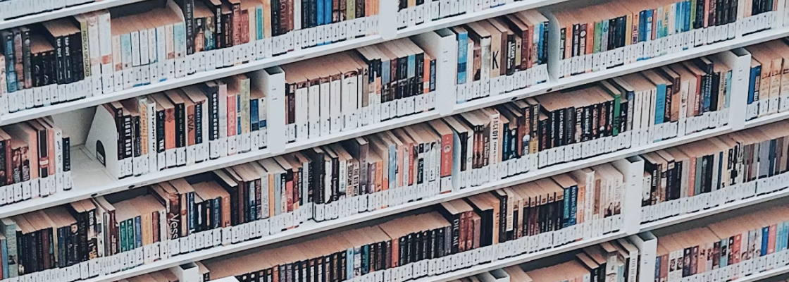 Books in a library.